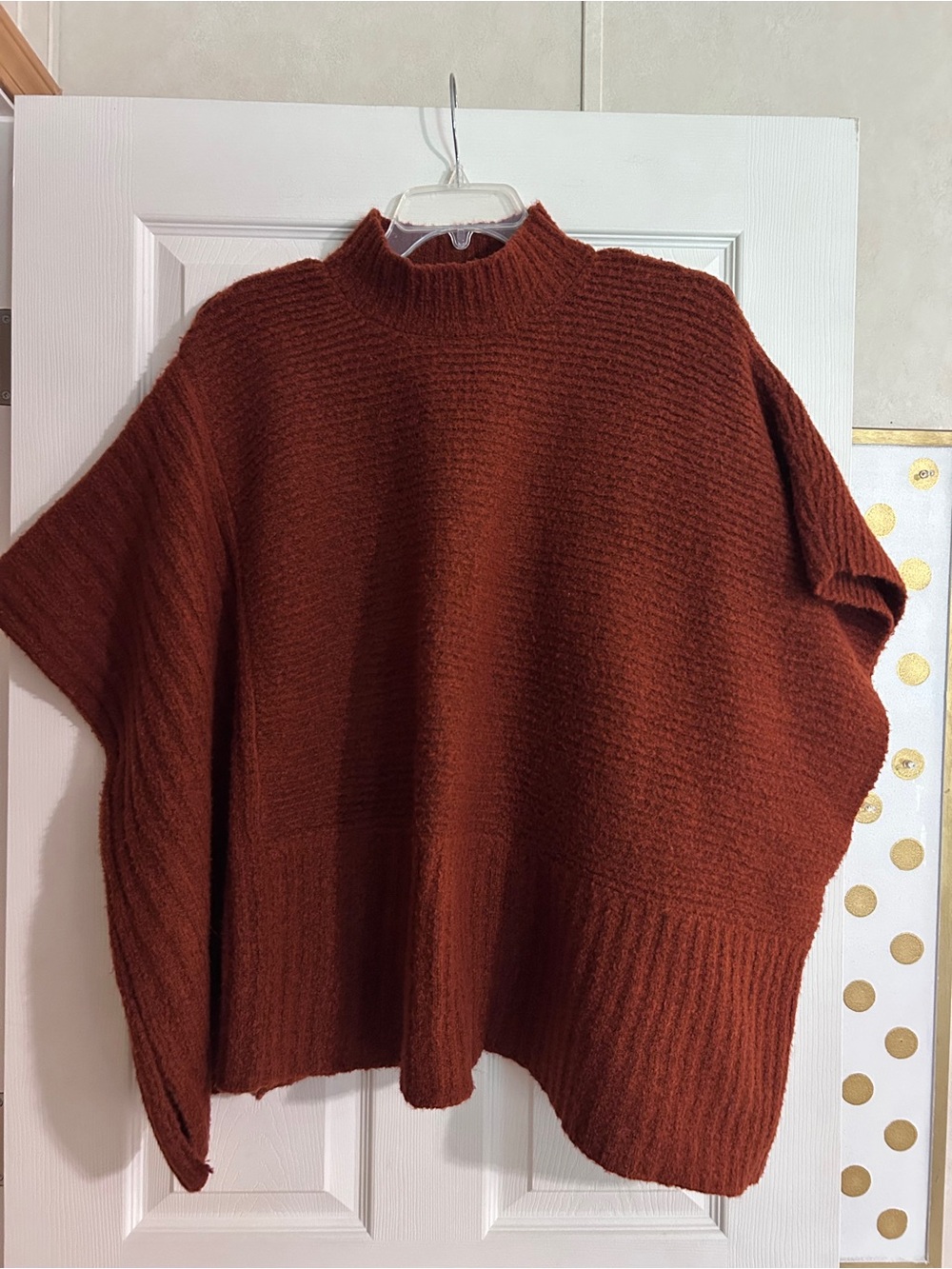 Cozy Mock Neck Rib-Hem Sweater Poncho - Rust